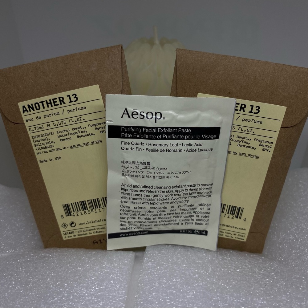 Two Le Labo Another 13 and Aēsop purifying facial exfoliant paste